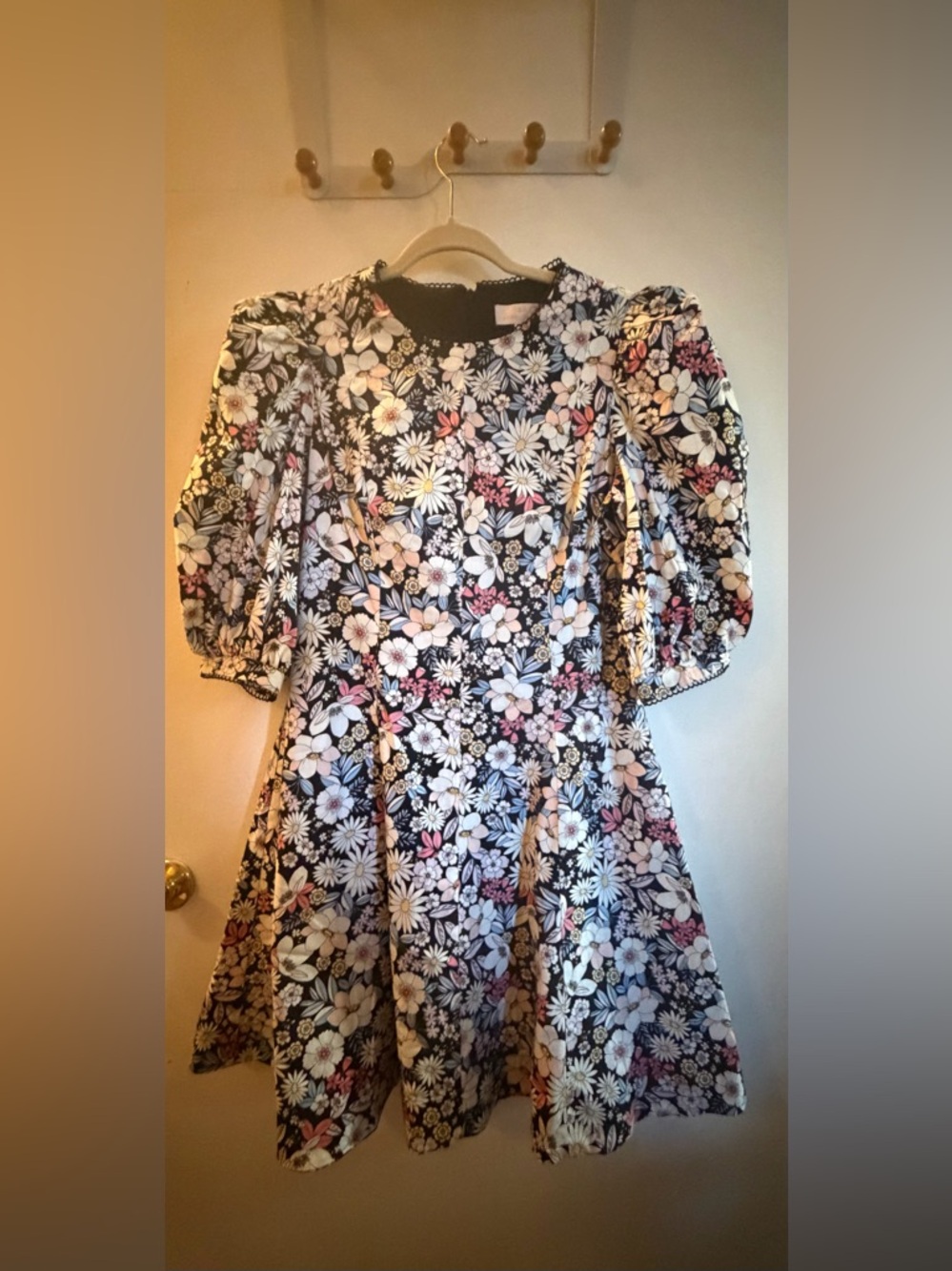 Floral Puff Sleeve Knee-Length Dress in Black with Pastel Blooms